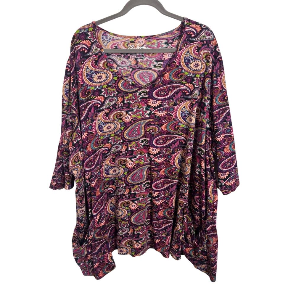 Ulla Popken Multicolor Paisley Printed Asymmetrical Top Size 32/34 Pockets VNeck